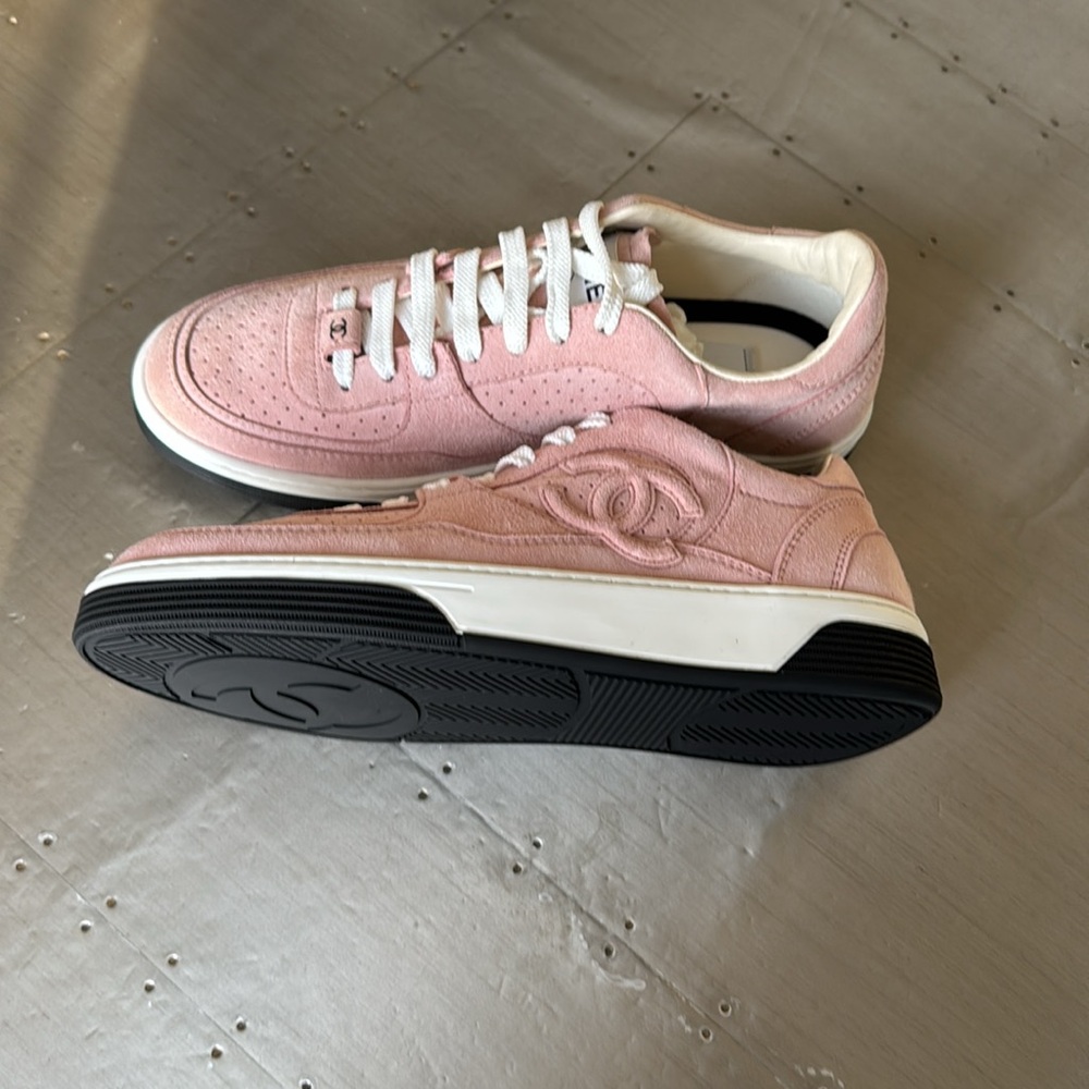 Chanel pink suede trainer sneaker flat s 38.5 - Picture 5 of 11